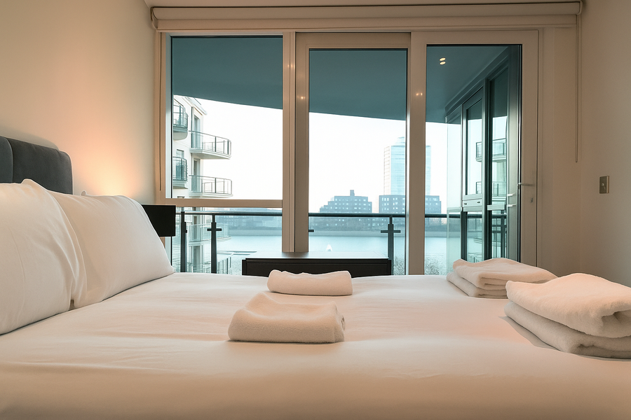Vauxhall Serviced Accommodation For Leisure Stays | Urban Stay Stay-at-our-Vauxhall-Serviced-Accommodation-in-St-George's-Wharf.-Modern-riverside-apartments-near-transport,-landmarks,-and-business-hubs.
